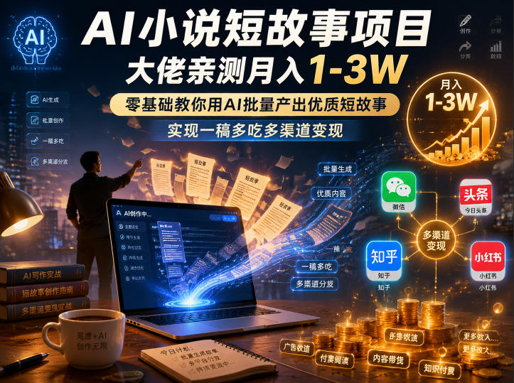 AI小说短故事项目,大佬亲测月入1-3W,零基础教你用AI批量产出优质短故事,实现一稿多吃多渠道变现-赛德副业库