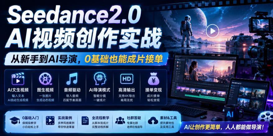 Seedance2.0 AI视频创作实战,从新手到AI导演,0基础也能成片接单变现-赛德副业库