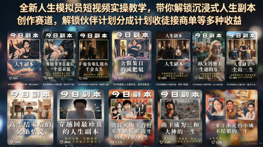 全新人生模拟员短视频实操教学，带你解锁沉浸式人生副本创作赛道，解锁伙伴计划分成计划收徒接商单等多种收益-赛德副业库