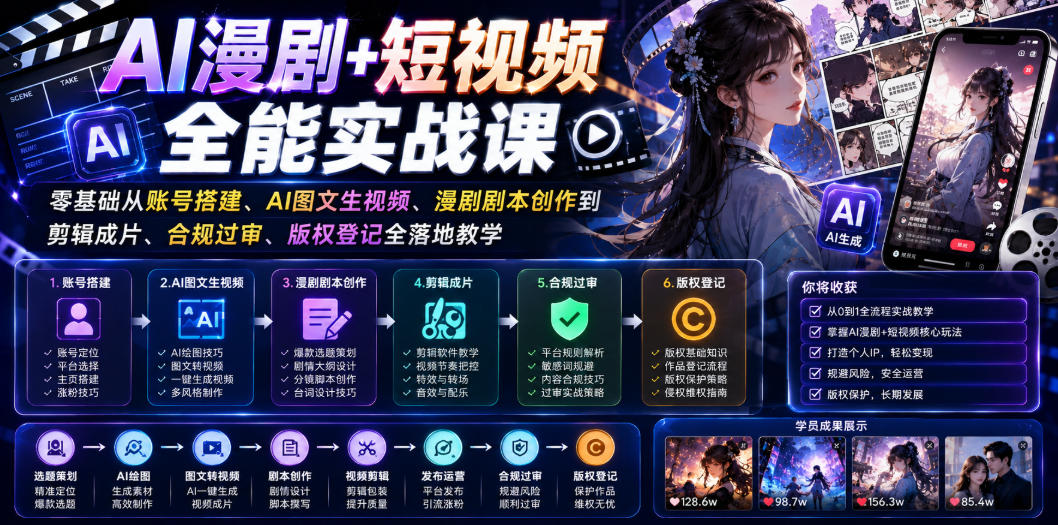 AI漫剧+短视频全能实战课｜零基础从账号搭建、AI图文生视频、漫剧剧本创作到剪辑成片、合规过审、版权登记全落地教学-赛德副业库
