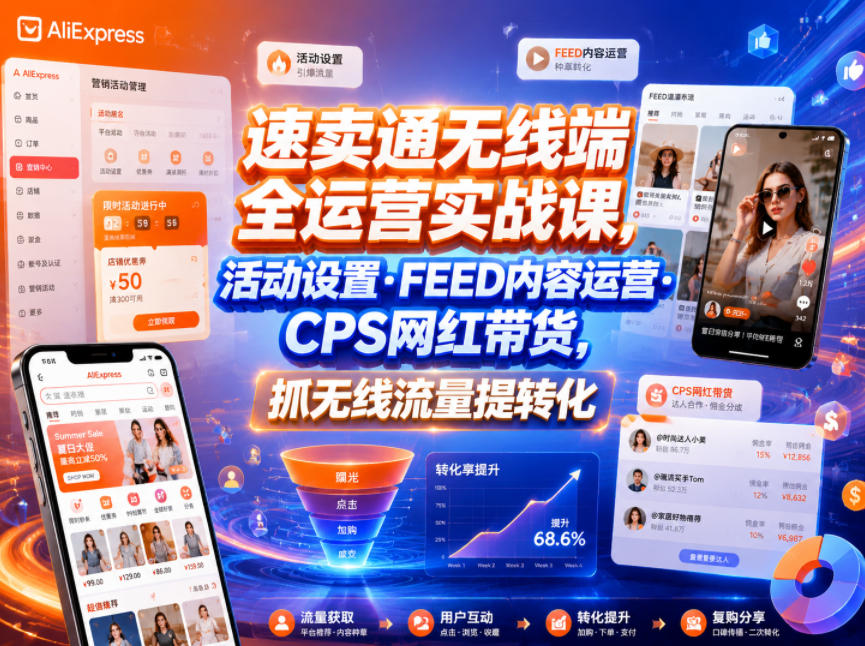 速卖通无线端全运营实战课,活动设置・FEED内容运营・CPS网红带货,抓无线流量提转化-赛德副业库
