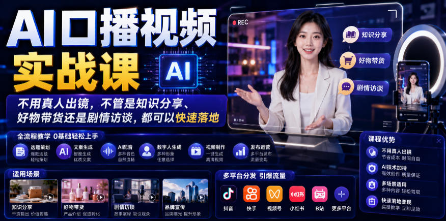 AI口播视频实战课，不用真人出镜，不管是知识分享、好物带货还是剧情访谈，都可以快速落地-赛德副业库