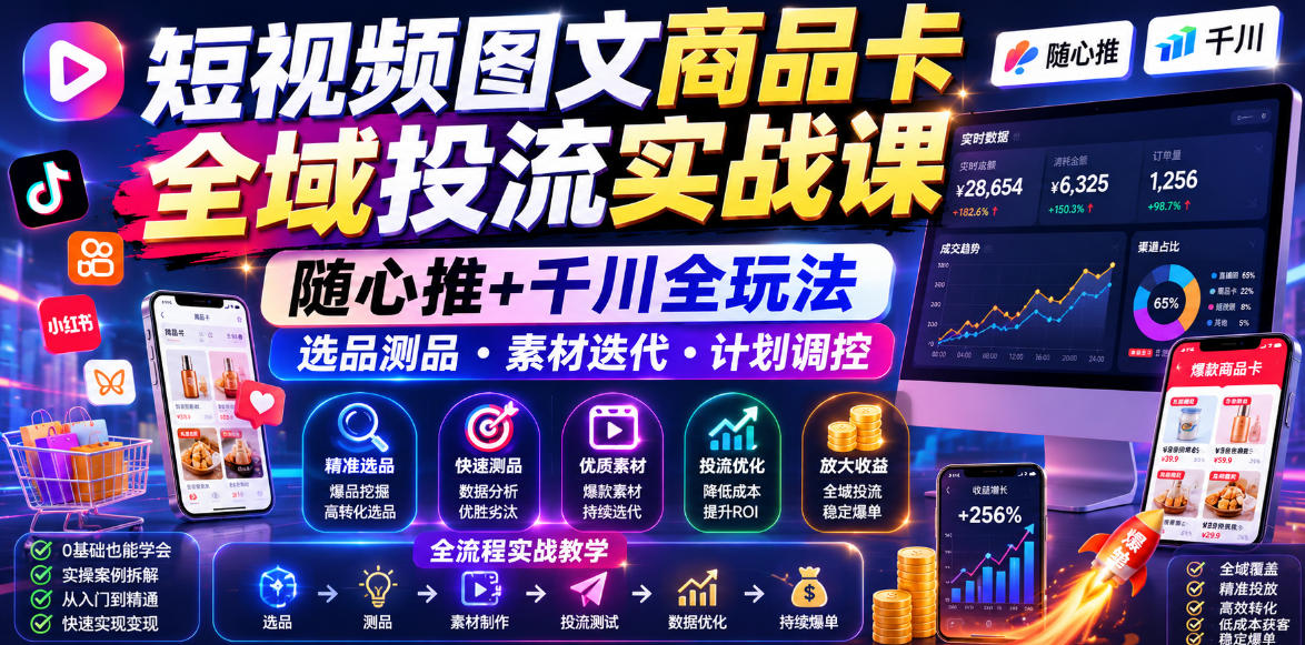 短视频图文商品卡全域投流实战课,随心推+千川全玩法,选品测品・素材迭代・计划调控,提升ROI爆单增收教程-赛德副业库