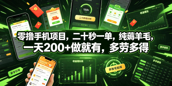 零撸手机项目，二十秒一单，纯薅羊毛，一天200+做就有，多劳多得【揭秘】-赛德副业库