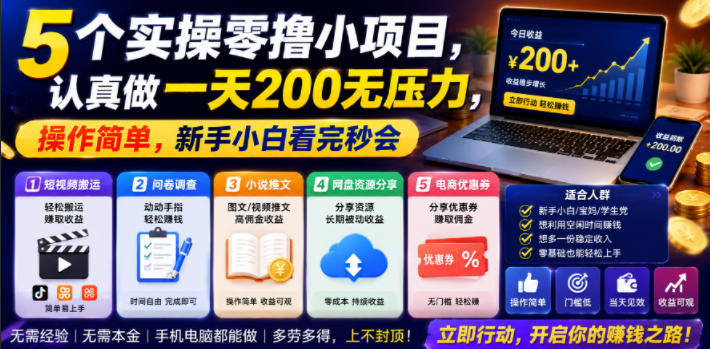 5个实操零撸小项目,认真做一天200无压力,操作简单,新手小白看完秒会【揭秘】-赛德副业库