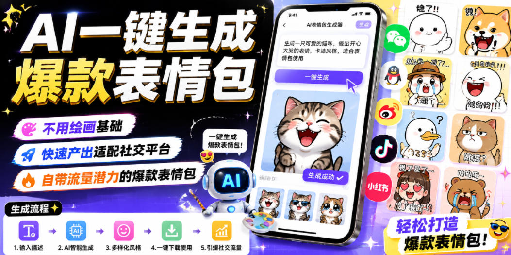 AI一键生成爆款表情包，不用绘画基础，快速产出适配社交平台，自带流量潜力的爆款表情包-赛德副业库