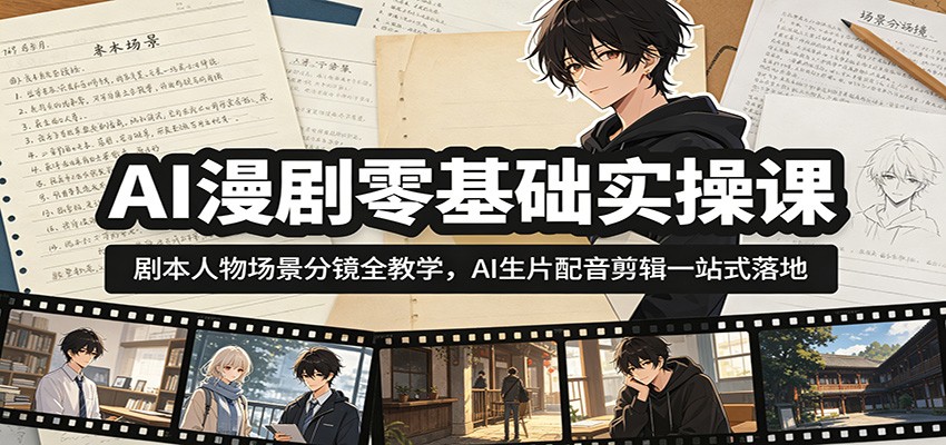 AI漫剧零基础实操课:剧本人物场景分镜全教学,AI生片配音剪辑一站式落地-赛德副业库