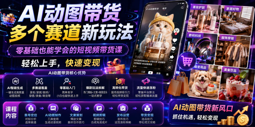 AI动图带货多个赛道新玩法，零基础也能学会的短视频带货课，轻松上手，快速变现-赛德副业库