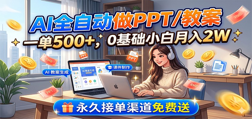 AI全自动做PPT/教案，一单500+，0基础小白月入2W，永久接单渠道免费送-赛德副业库