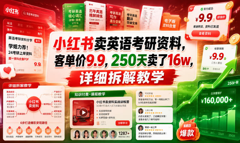 小红书卖英语考研资料,客单价9.9,250天卖了16w,详细拆解教学-赛德副业库