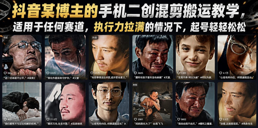 抖音某博主的手机二创混剪搬运教学，适用于任何赛道，执行力拉满的情况下，起号轻轻松松-赛德副业库