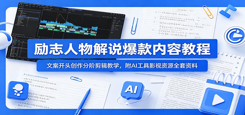 励志人物解说爆款内容教程:文案开头创作分阶剪辑教学,附AI 工具影视资源全套资料-赛德副业库