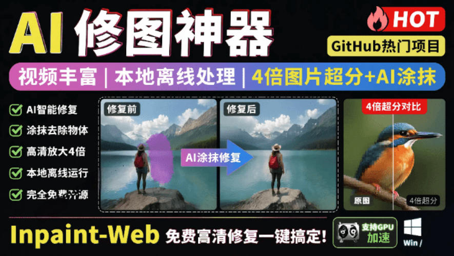 本地离线处理，4倍图片超分+AI涂抹去水印！Github上热门神器，免费高清修复图一键搞定！Inpaint-Web-赛德副业库