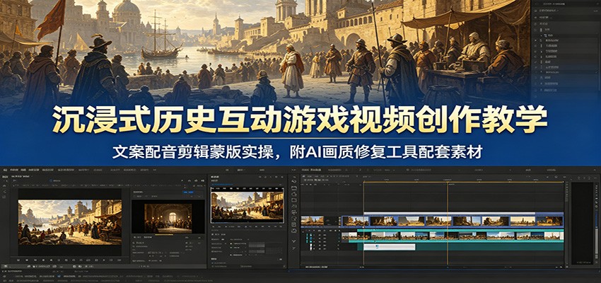 沉浸式历史互动游戏视频创作教学:文案配音剪辑蒙版实操,附AI画质修复工具配套素材-赛德副业库