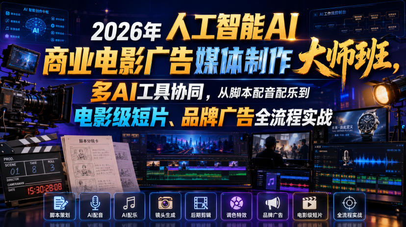 2026年人工智能AI商业电影广告媒体制作大师班,多AI工具协同,从脚本配音配乐到电影级短片、品牌广告全流程实战(中英字幕)-赛德副业库