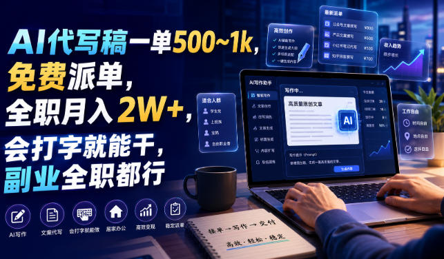 AI代写稿一单500~1k,免费派单,全职月入2W+,会打字就能干,副业全职都行【揭秘】-赛德副业库