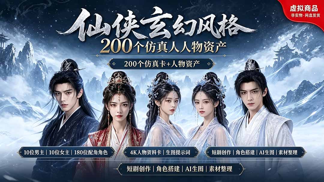 （19301期）200个仙侠玄幻仿真人素材◆10男主×10女主×180配角，4K资料卡+AI生图提示词，漫剧必备-赛德副业库