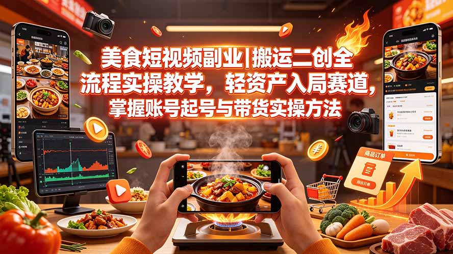 （19535期）美食短视频副业｜搬运二创全流程实操教学，轻资产入局赛道，掌握账号起号与带货实操方法-赛德副业库