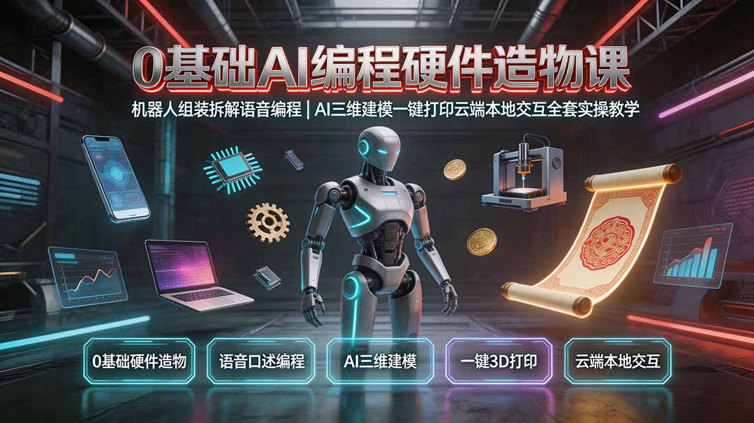(19612期)0基础AI编程硬件造物课|机器人组装拆解语音编程,AI三维建模一键打印云端本地交互全套实操教学-赛德副业库