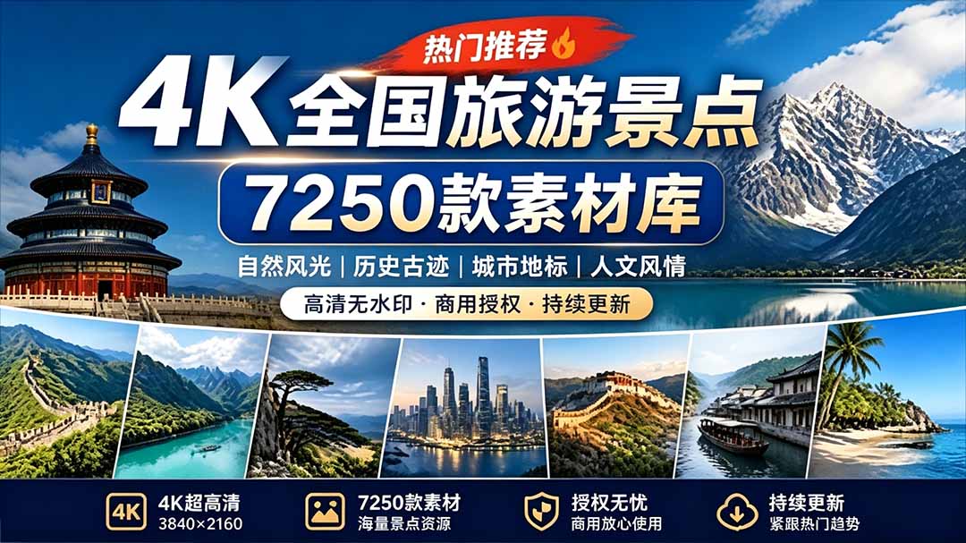 (19309期)热门全国旅游风景素材!4K全国旅游景点素材库,7250款素材,旅行达人城市航拍风景风光高清短视频-赛德副业库