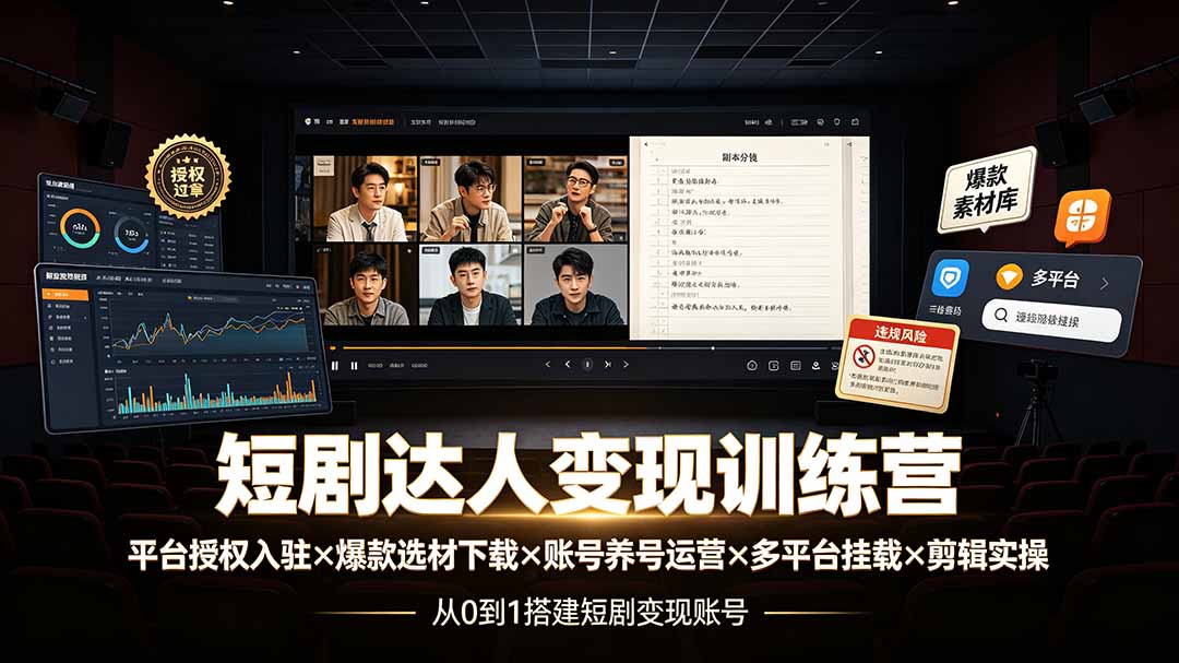 (19551期)短剧达人变现训练营:平台授权入驻×爆款选材下载×账号养号运营×多平台挂载×剪辑实操×违规处理全流程-赛德副业库