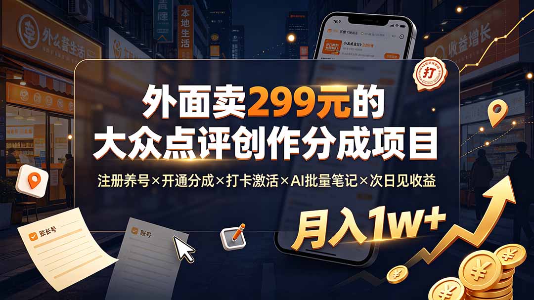 (19488期)外面卖299元的大众点评创作分成项目:注册养号×开通分成×打卡激活×AI批量笔记×次日见收益,月入1w+-赛德副业库