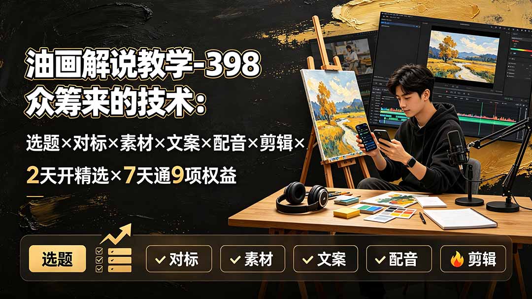 （19587期）油画解说教学-398众筹来的技术-刯新：选题×对标×素材×文案×配音×剪辑×2天开精选×7天通9项权益-赛德副业库