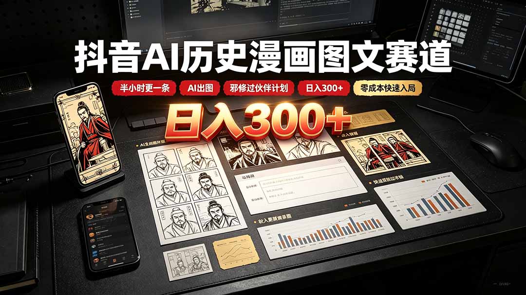 (19498期)抖音AI历史漫画图文赛道:半小时更一条×AI出图×邪修过伙伴计划×日入300+,零成本快速入局-赛德副业库