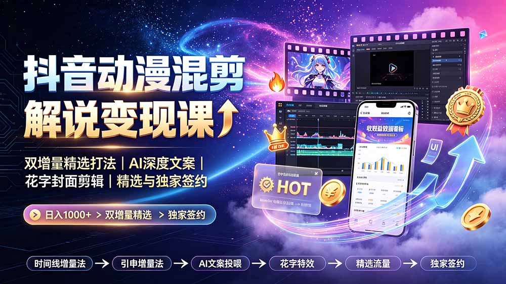 (19311期)抖音动漫混剪解说变现课:双增量精选打法|AI深度文案|花字封面剪辑| 精选与独家签约日入1000+-赛德副业库