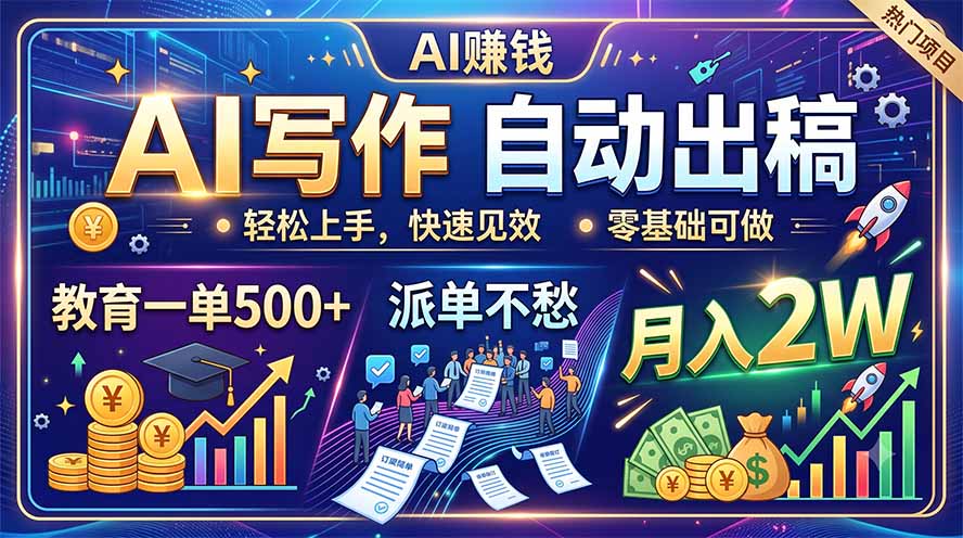 (19614期)AI写作自动出稿,教育一单500+,派单不愁,月入2W-赛德副业库