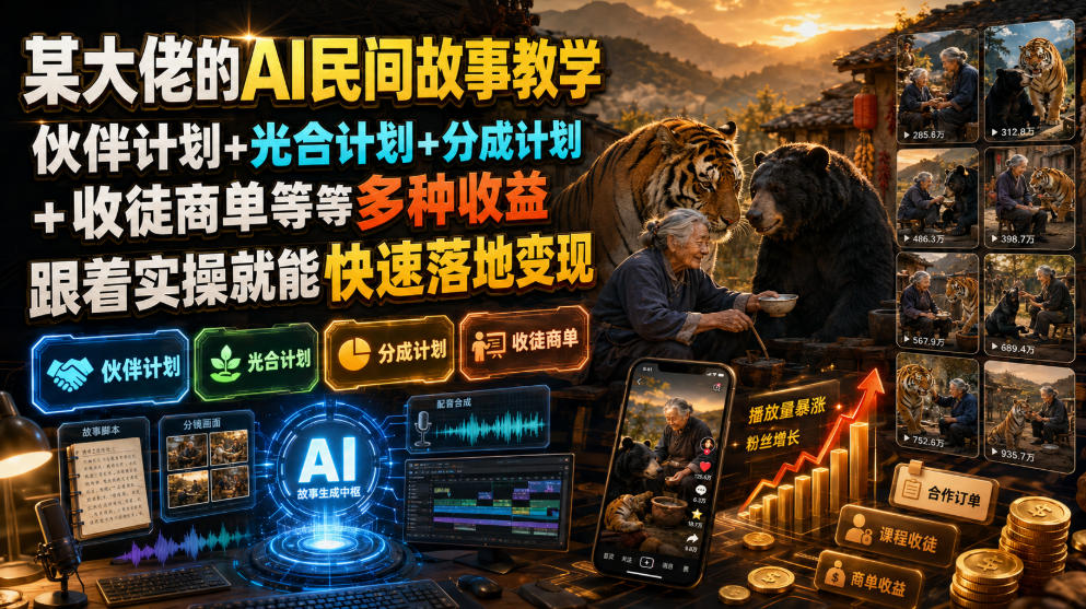 (19360期)某大佬的AI民间故事教学,伙伴计划+光合计划+分成计划+收徒商单等多种收益,跟着实操就能快速落地变现-赛德副业库