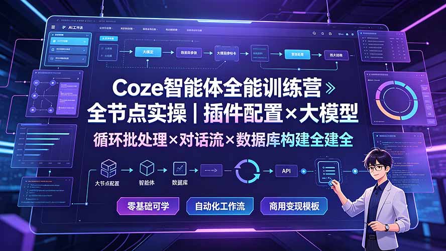 (19324期)Coze智能体全能训练营:全节点实操|插件配置×大模型×循环批处理×对话流×数据库构建全教学-赛德副业库