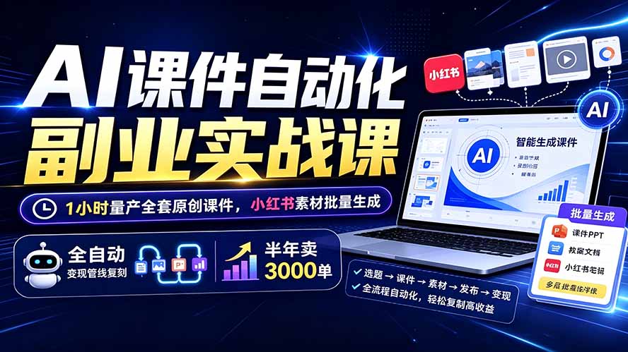 （19518期）AI课件自动化副业实战课：1小时量产全套原创课件×小红书素材批量生成×全自动变现管线×半年卖3000单-赛德副业库