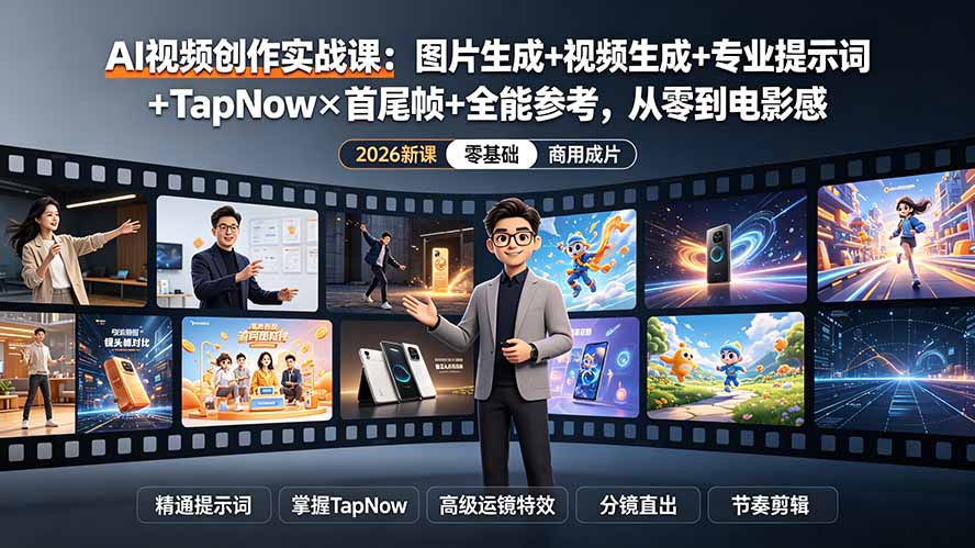 (19383期)AI视频创作实战课:图片生成+视频生成+专业提示词+TapNow×首尾帧+全能参考,从零到电影感成片-赛德副业库