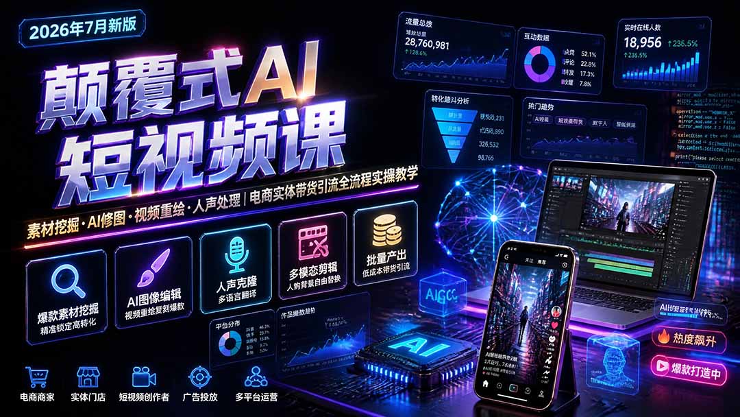(19630期)颠覆式AI短视频课|素材挖掘,AI修图,视频重绘,人声处理|电商实体带货引流全流程实操教学-赛德副业库