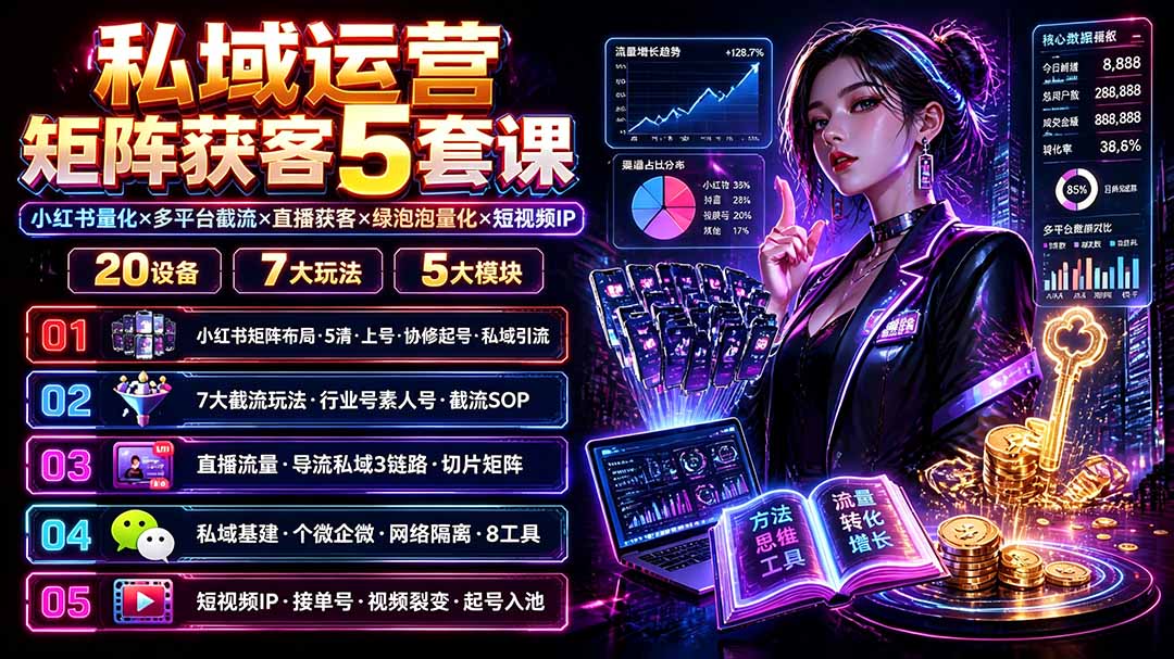 (19617期)私域运营矩阵获客5套课:小红书量化×多平台截流×直播获客×绿泡泡量化×短视频IP×20设备×7大玩法-赛德副业库