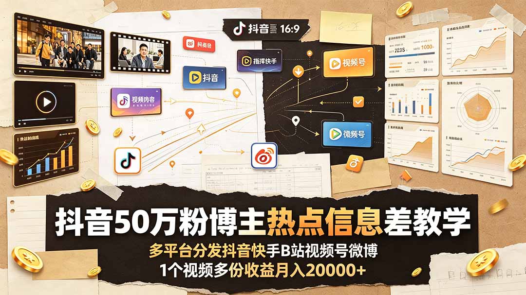 (19145期)抖音50万粉博主热点信息差教学:多平台分发抖音快手B站视频号微博,1个视频多份收益月入20000+-赛德副业库