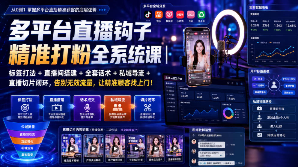 多平台直播钩子精准打粉全系统课｜标签打法+直播间搭建+全套话术+私域导流+直播切片闭环，告别无效流量，让精准顾客找上门！-赛德副业库