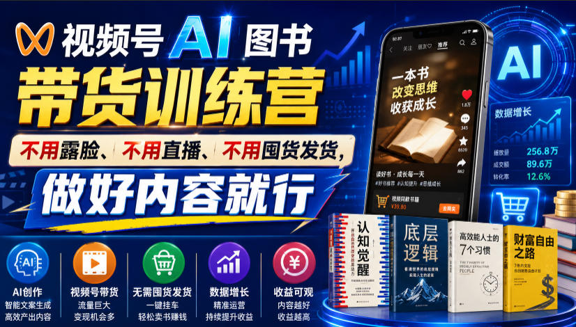 视频号AI图书带货训练营,不用露脸、不用直播、不用囤货发货,做好内容就行,一条爆款视频佣金8942-赛德副业库