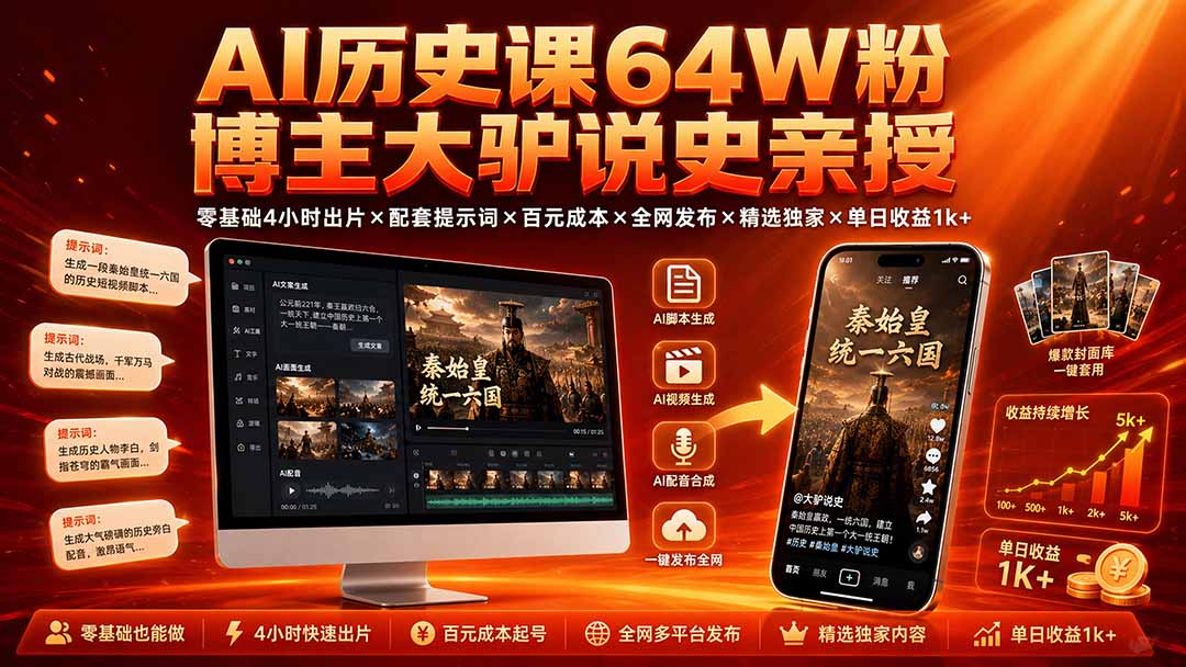 （19557期）AI历史课64W粉博主大驴说史亲授：零基础4小时出片×配套提示词×百元成本×全网发布×精选独家×单日收益1k+-赛德副业库