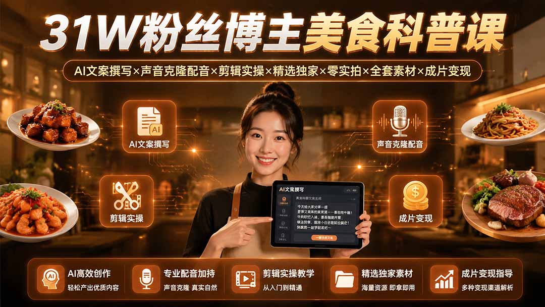（19558期）31W粉丝博主美食科普课：AI文案撰写×声音克隆配音×剪辑实操×精选独家×零实拍×全套素材×成片变现-赛德副业库