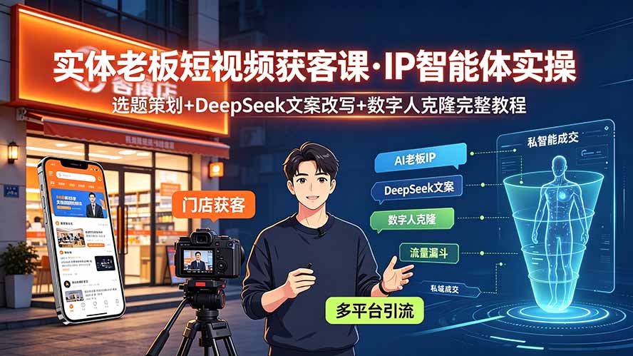 (19260期)实体老板短视频获客课·IP智能体实操|选题策划+DeepSeek文案改写+数字人克隆完整教程-赛德副业库