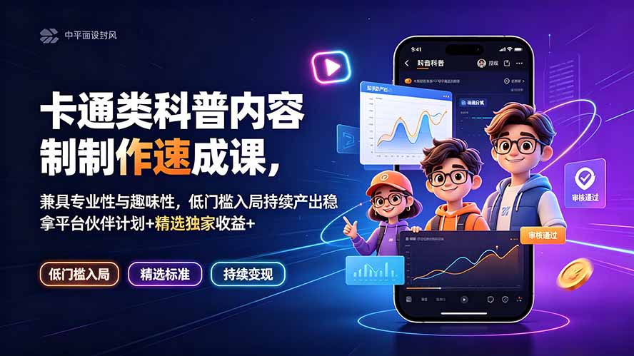 （19234期）卡通类科普内容制作速成课，兼具专业性与趣味性，低门槛入局持续产出稳拿平台伙伴计划+精选独家收益-赛德副业库