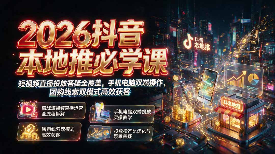 (19618期)2026抖音本地推必学课|短视频直播投放答疑全覆盖,手机电脑双端操作,团购线索双模式高效获客-赛德副业库