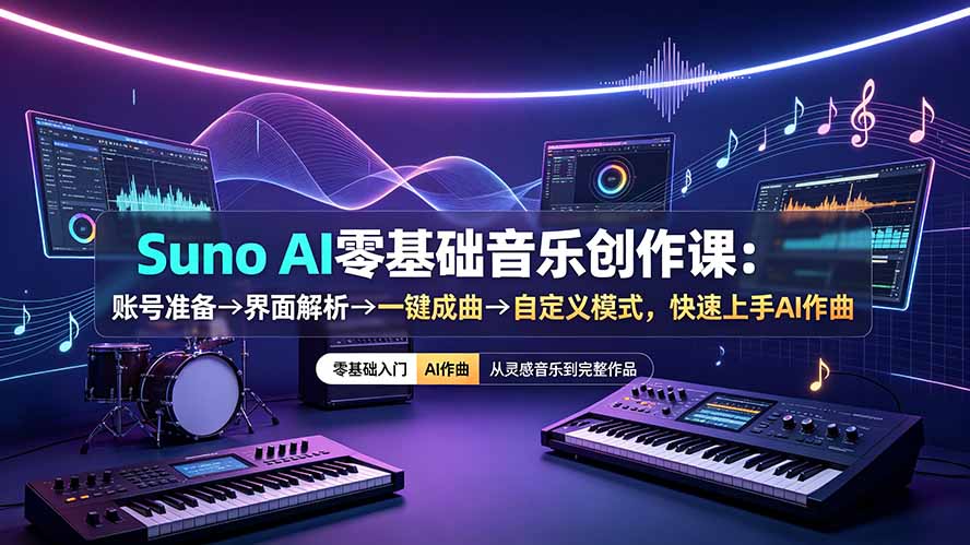 (19264期)Suno AI零基础音乐创作课:账号准备→界面解析→一键成曲→自定义模式,快速上手AI作曲-赛德副业库
