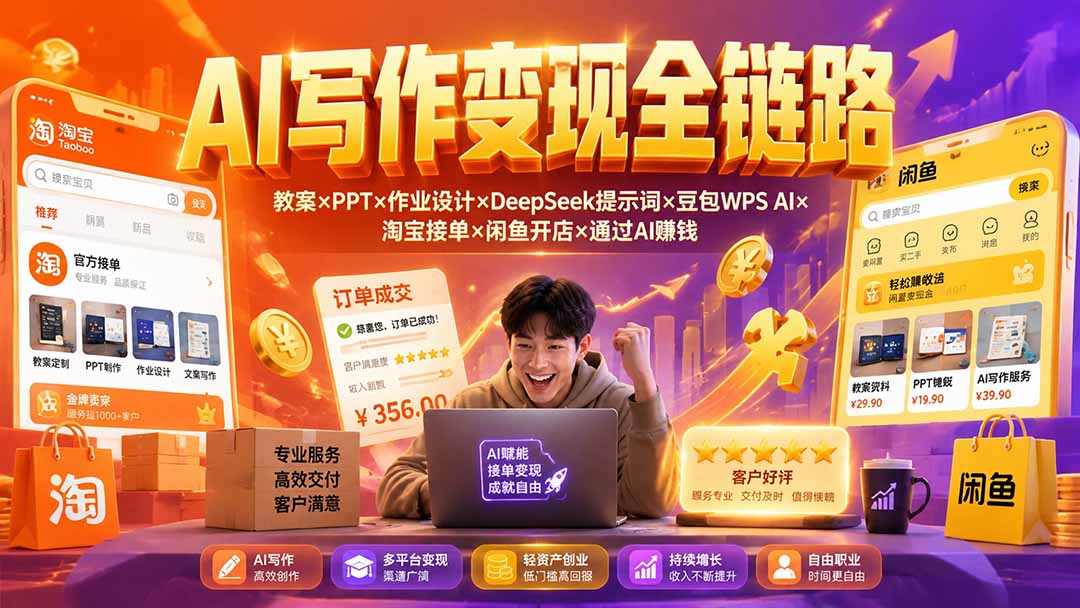 （19561期）2026AI写作变现全链路：教案×PPT×作业设计×DeepSeek提示词×豆包WPS AI×淘宝接单×闲鱼开店×通过AI賺钱-赛德副业库