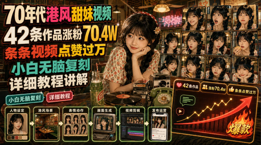 70年代港风甜妹视频,42条作品涨粉70.4W,条条视频点赞过万,小白无脑复刻,详细教程讲解-赛德副业库