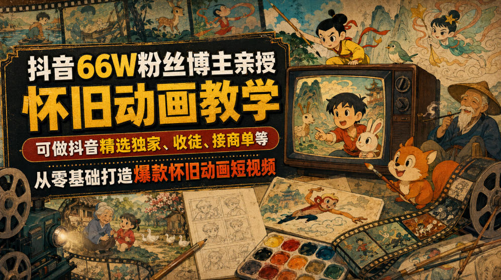抖音66W粉丝博主亲授怀旧动画教学，可做抖音精选独家、收徒、接商单等，从零基础打造爆款怀旧动画短视频-赛德副业库
