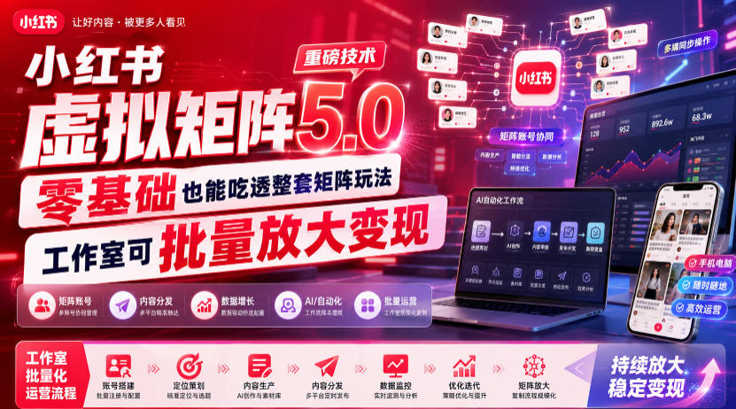 小红书虚拟矩阵5.0重磅技术,零基础也能吃透整套矩阵玩法,工作室可批量放大变现-赛德副业库