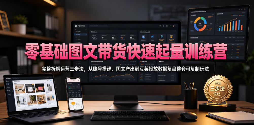 零基础图文带货快速起量训练营,完整拆解运营三步法,从账号搭建、图文产出到豆荚投放数据复盘整套可复制玩法-赛德副业库
